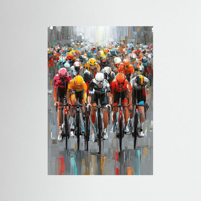 Dynamisches Peloton mit farbenfrohen Rennradfahrern in moderner abstrakter Kunstdarstellung