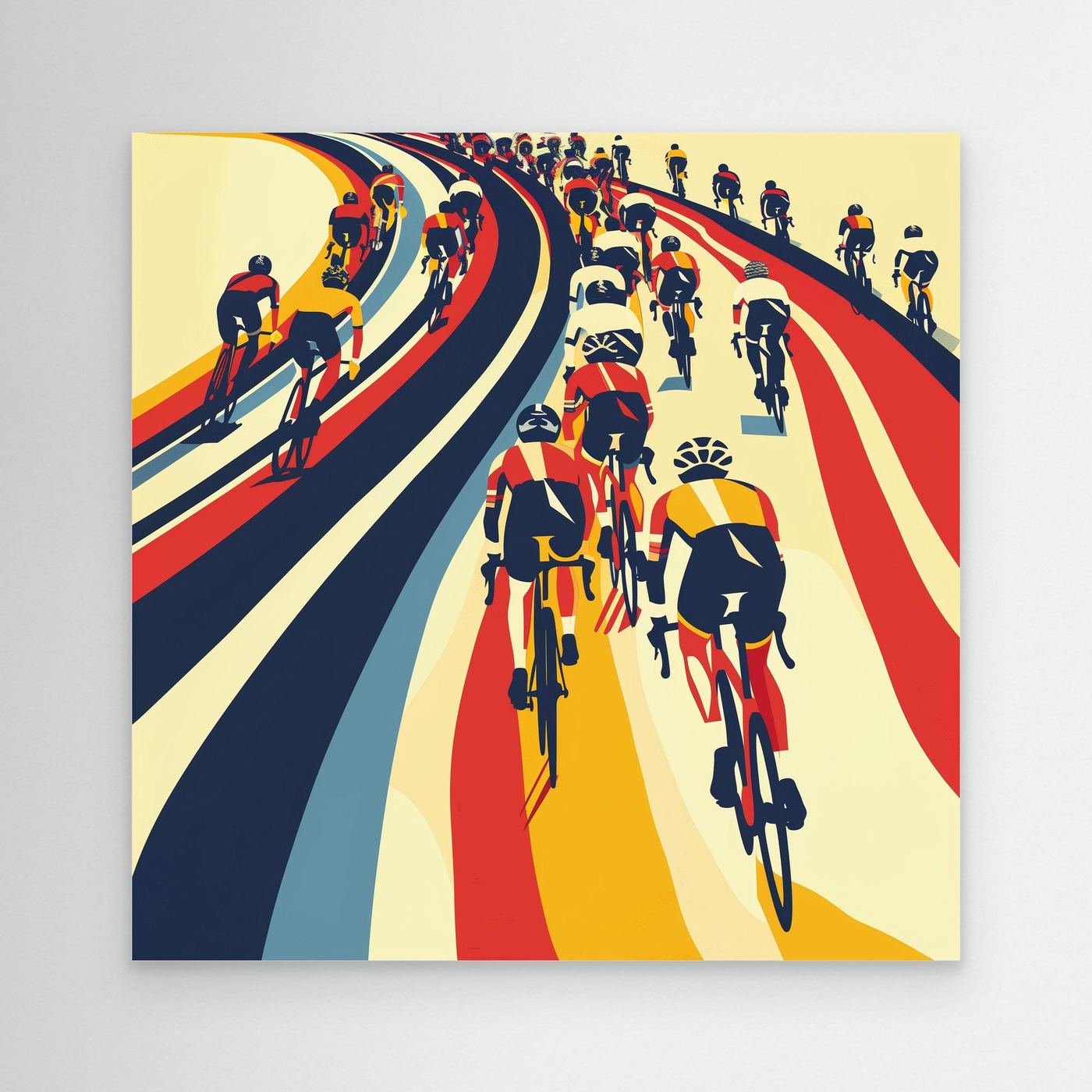 Rennrad-Peloton auf geschwungener Strecke im modernen Bauhaus-Stil als farbstarkes Leinwandbild
