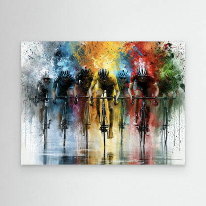 Farbenfrohes Rennrad Leinwandbild mit Peloton in dynamischer Frontansicht – moderne Rennradkunst für Radsportfans.