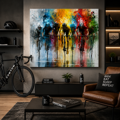 Farbenfrohes Rennrad Leinwandbild mit Peloton in dynamischer Frontansicht – moderne Rennradkunst für Radsportfans.
