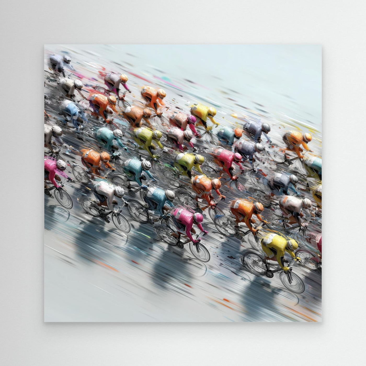 Dynamisches Rennrad Leinwandbild mit farbenfrohem Peloton aus der Vogelperspektive und beeindruckender Bewegungsdarstellung.