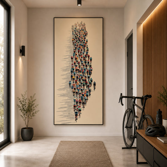 Großes Peloton aus der Vogelperspektive mit langen Schatten als modernes Rennrad-Leinwandbild für Radsportfans.