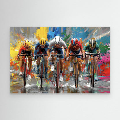 Peloton Leinwandbild mit fünf Rennradfahrern in kräftigen Farben und moderner abstrakter Rennradkunst