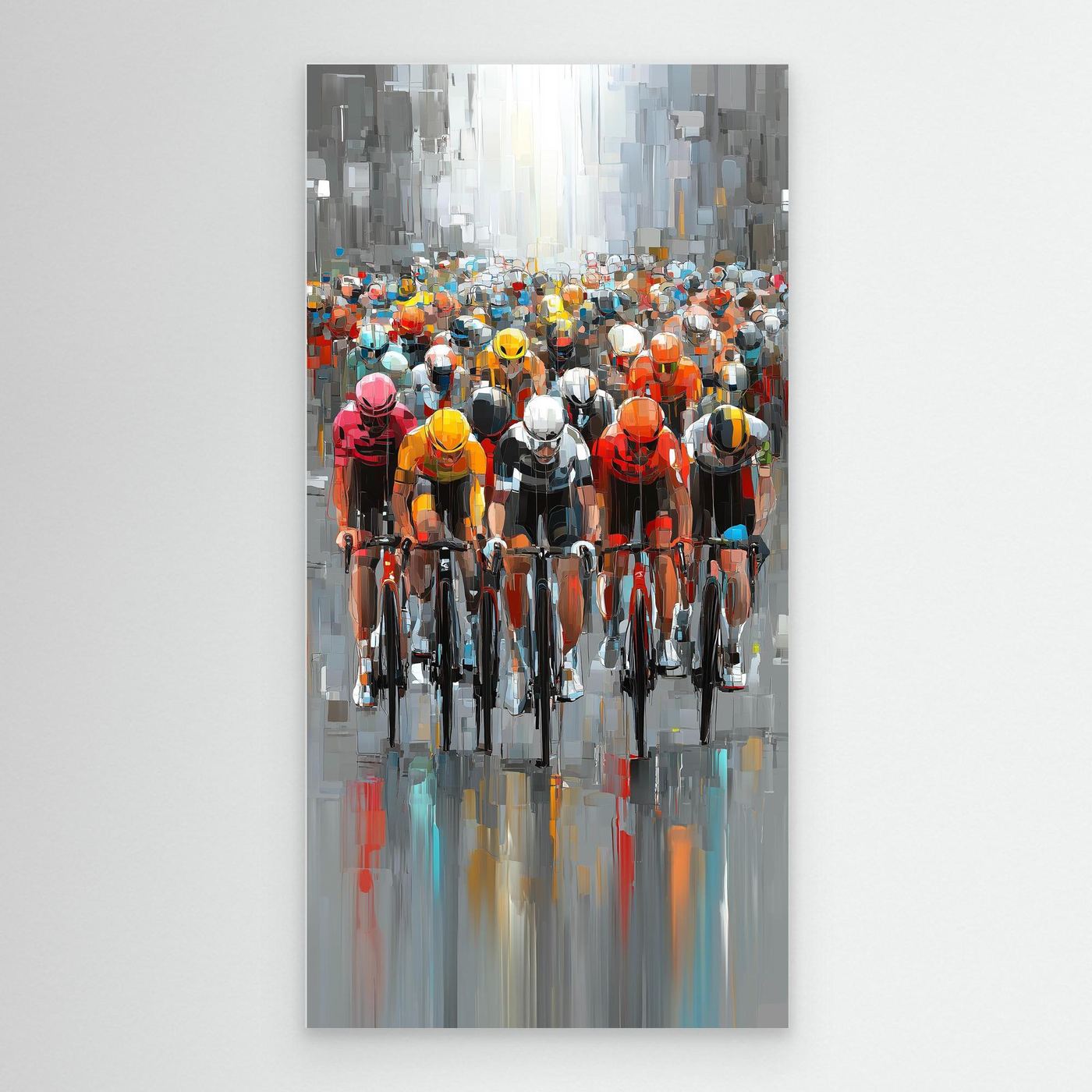 Großformatiges Rennrad Leinwandbild mit farbenfrohem Peloton in moderner urbaner Kulisse und dynamischer Perspektive.