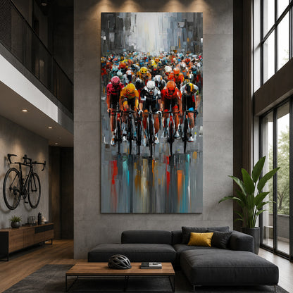 Großformatiges Rennrad Leinwandbild mit dynamischem Peloton in moderner Stadtkulisse. Premium-Leinwand mit brillanten Farben für echte Radsportfans.