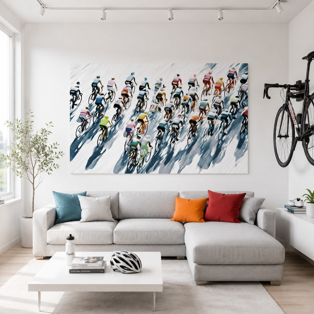 Abstraktes Peloton aus der Vogelperspektive mit langen Schatten als modernes Rennrad-Leinwandbild für Radsportfans.