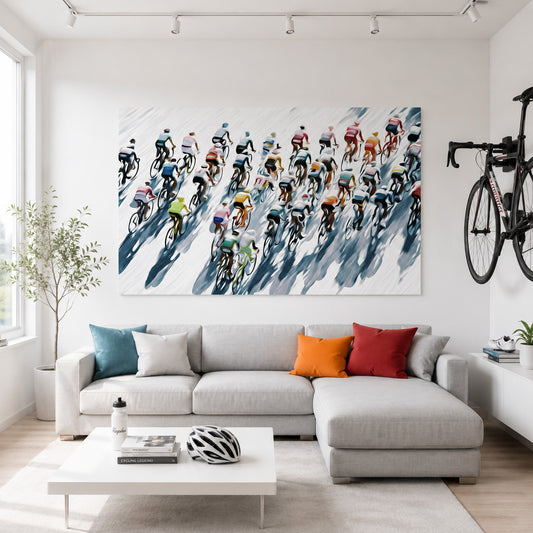 Abstraktes Peloton aus der Vogelperspektive mit langen Schatten als modernes Rennrad-Leinwandbild für Radsportfans.
