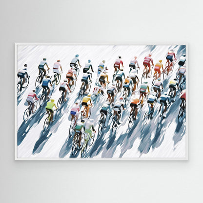 Abstraktes Peloton aus der Vogelperspektive mit langen Schatten als modernes Rennrad-Leinwandbild für Radsportfans.
