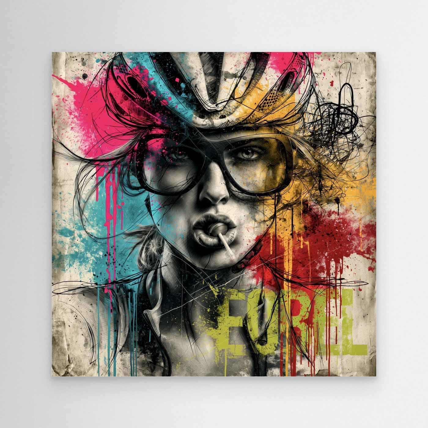 Farbenfrohes Pop-Art Leinwandbild mit Rennradfahrerin, Helm und großer Sportbrille