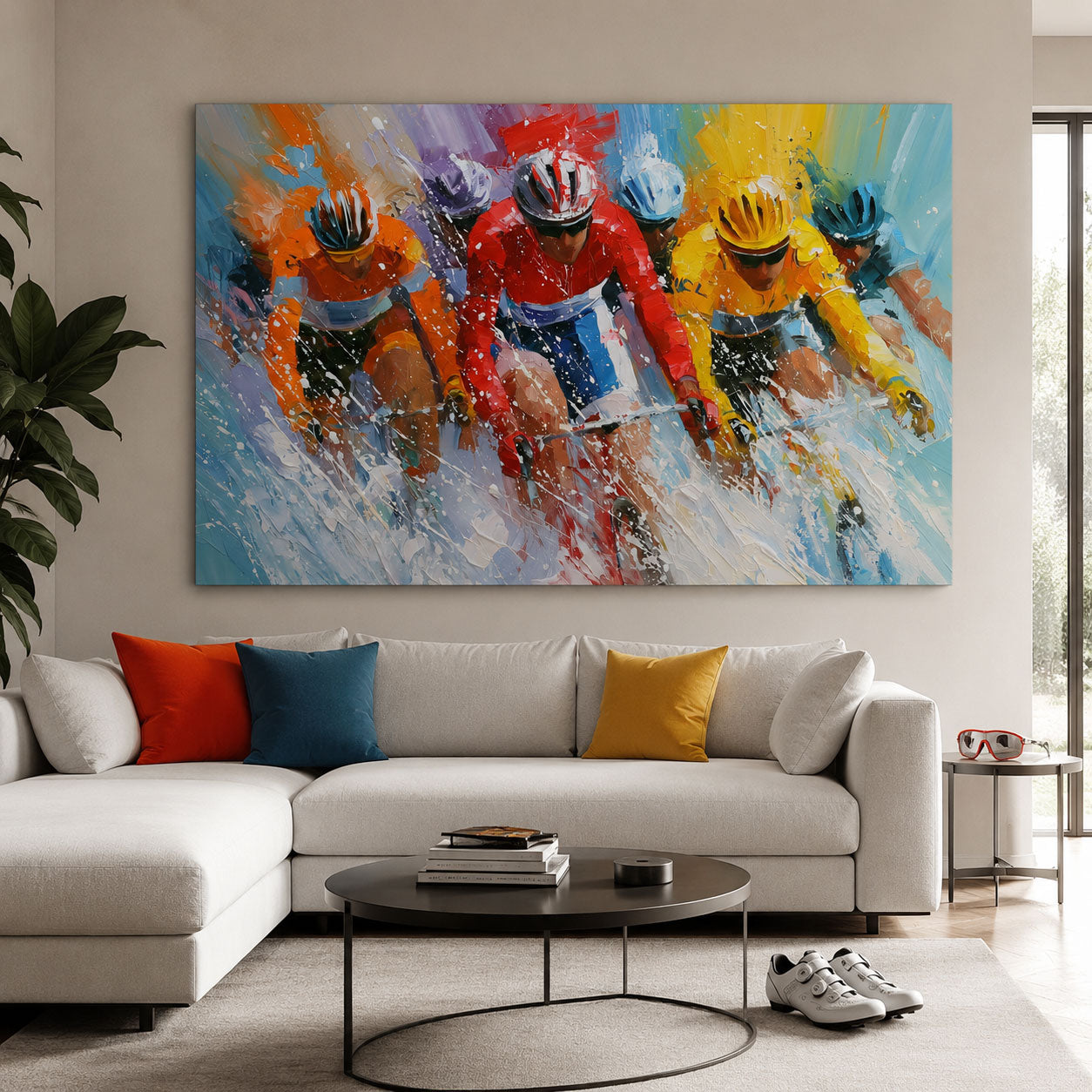 Radsport Bild mit farbstarkem Peloton als moderne Rennrad Kunst auf Leinwand