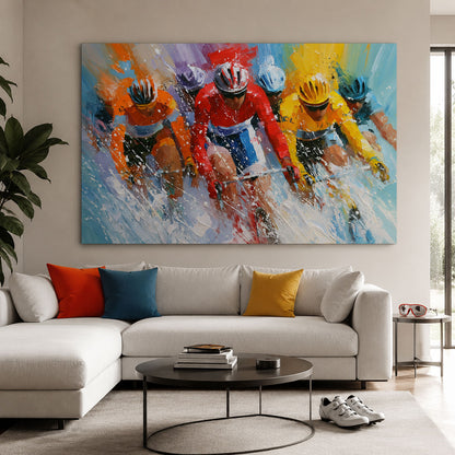 Radsport Bild mit farbstarkem Peloton als moderne Rennrad Kunst auf Leinwand