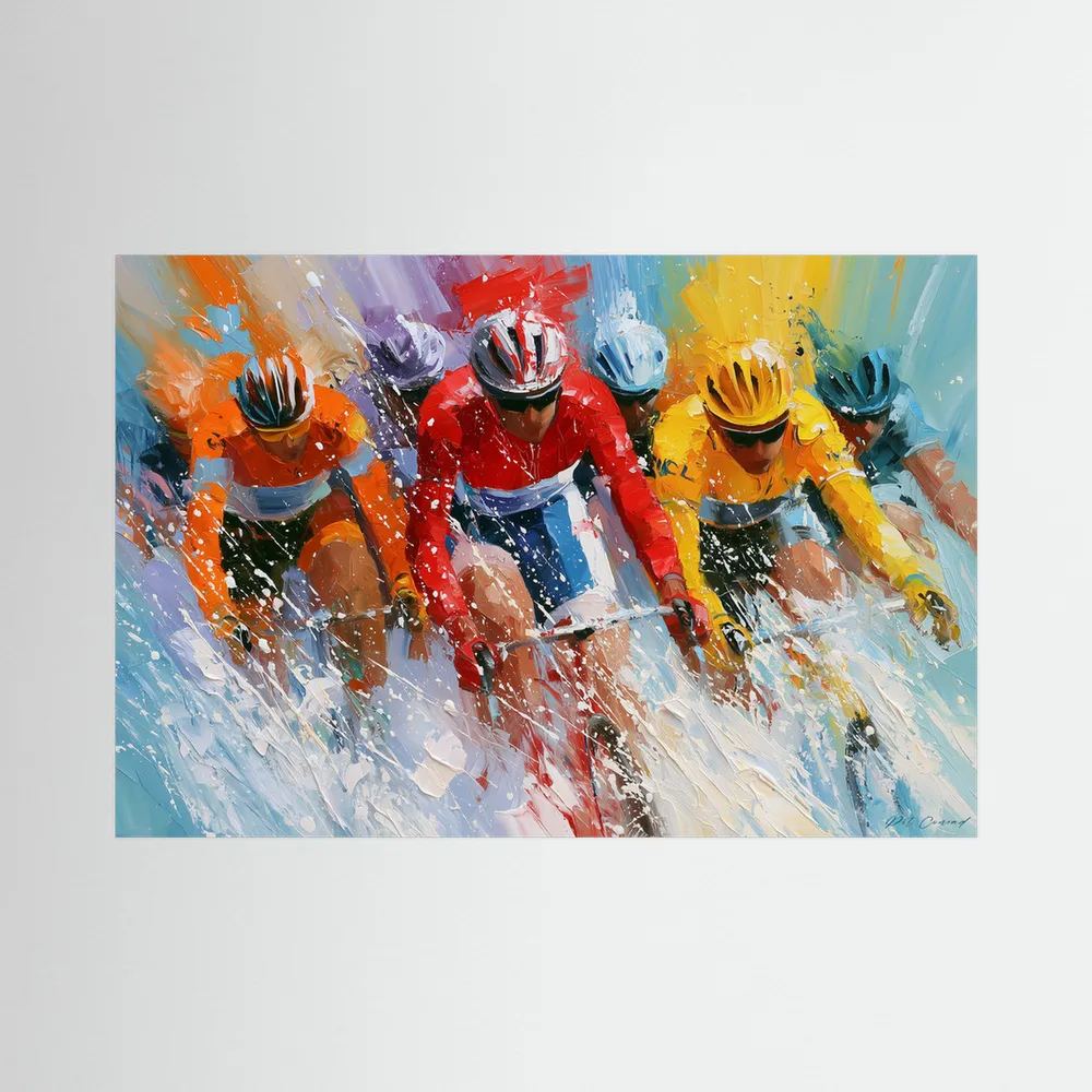 Radsport Bild mit farbstarkem Peloton als moderne Rennrad Kunst auf Leinwand