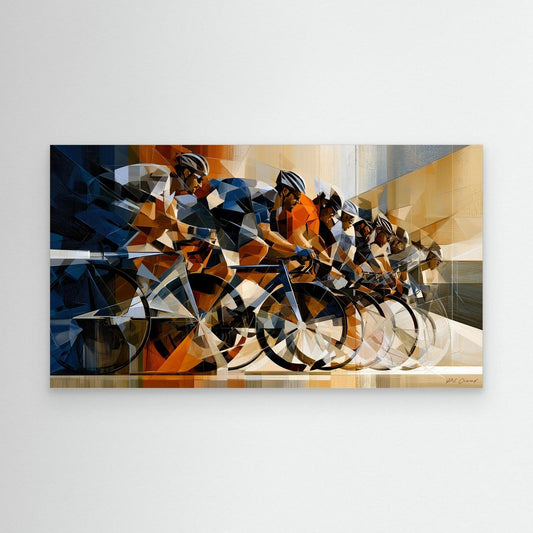 Radsport Bilder mit dynamischem Peloton aus Rennradfahrern als modernes geometrisches Leinwandbild in Orange, Blau und Beige