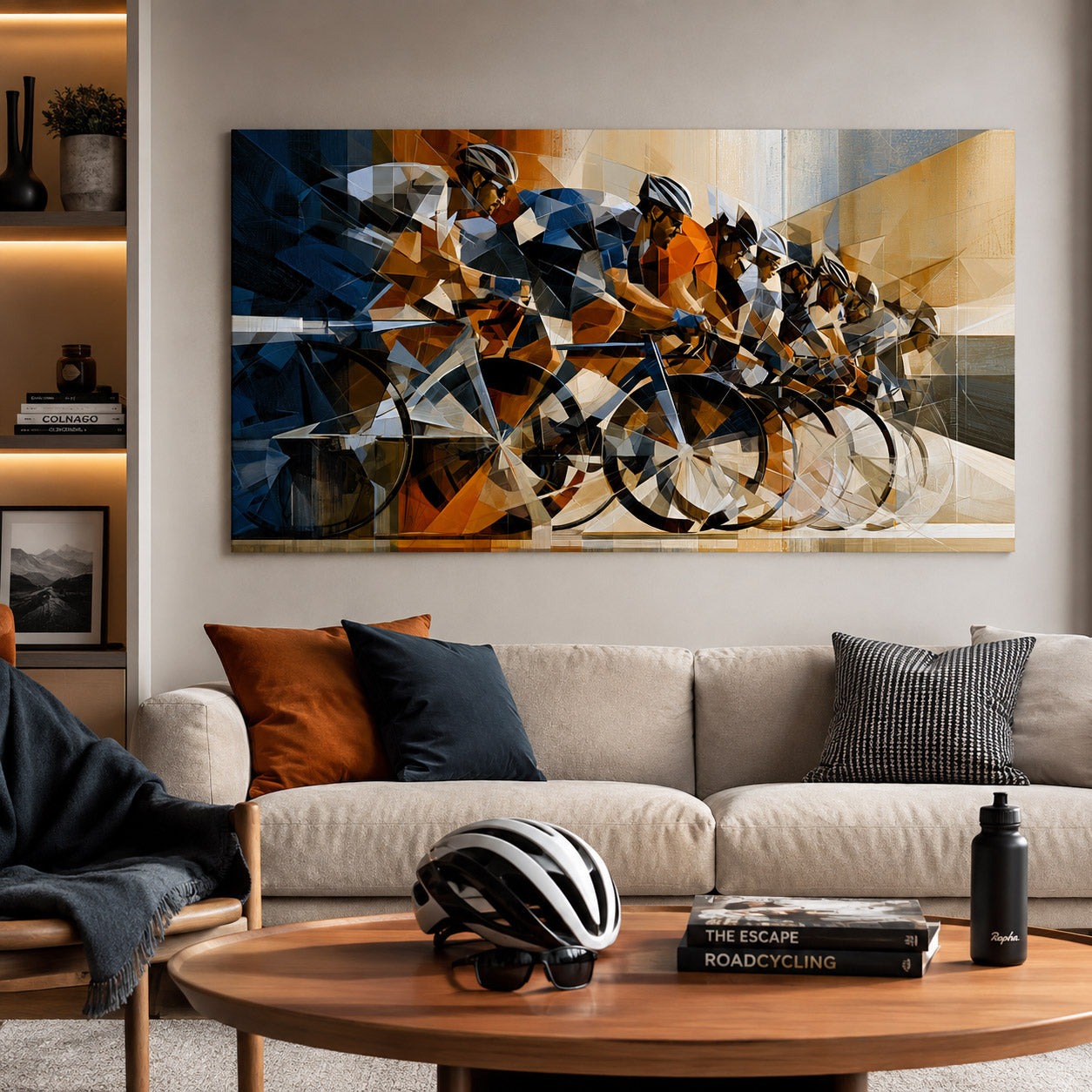 Radsport Bilder mit dynamischem Peloton aus Rennradfahrern als modernes geometrisches Leinwandbild in Orange, Blau und Beige