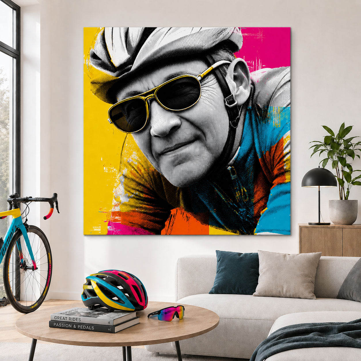 Radsport Porträt eines Rennradfahrers als Pop-Art Leinwandbild in leuchtendem Türkis, Gelb, Pink und Orange