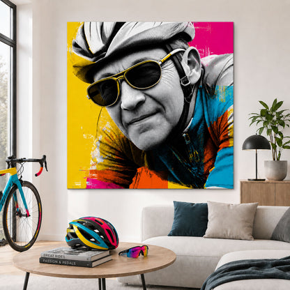Radsport Porträt eines Rennradfahrers als Pop-Art Leinwandbild in leuchtendem Türkis, Gelb, Pink und Orange