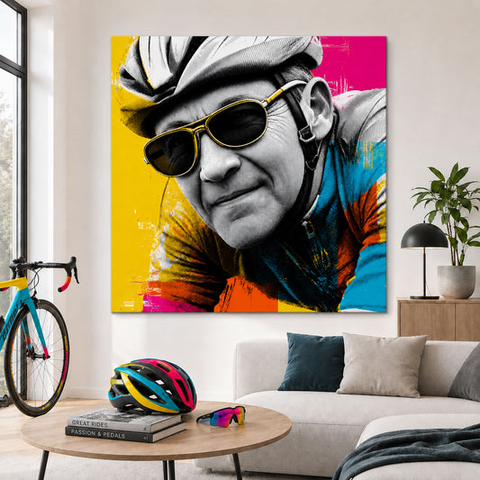 Radsport Porträt eines Rennradfahrers als Pop-Art Leinwandbild in leuchtendem Türkis, Gelb, Pink und Orange