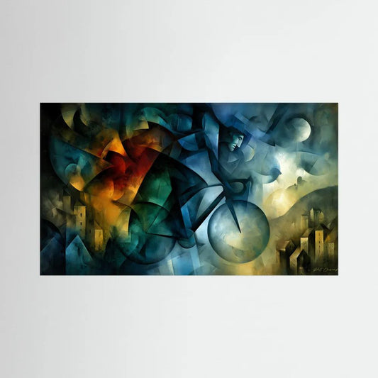 Rennrad Kunst Leinwandbild mit abstraktem Radfahrer in poetischer Chagall-inspirierter Landschaft in Blau Grün Gold und Orange