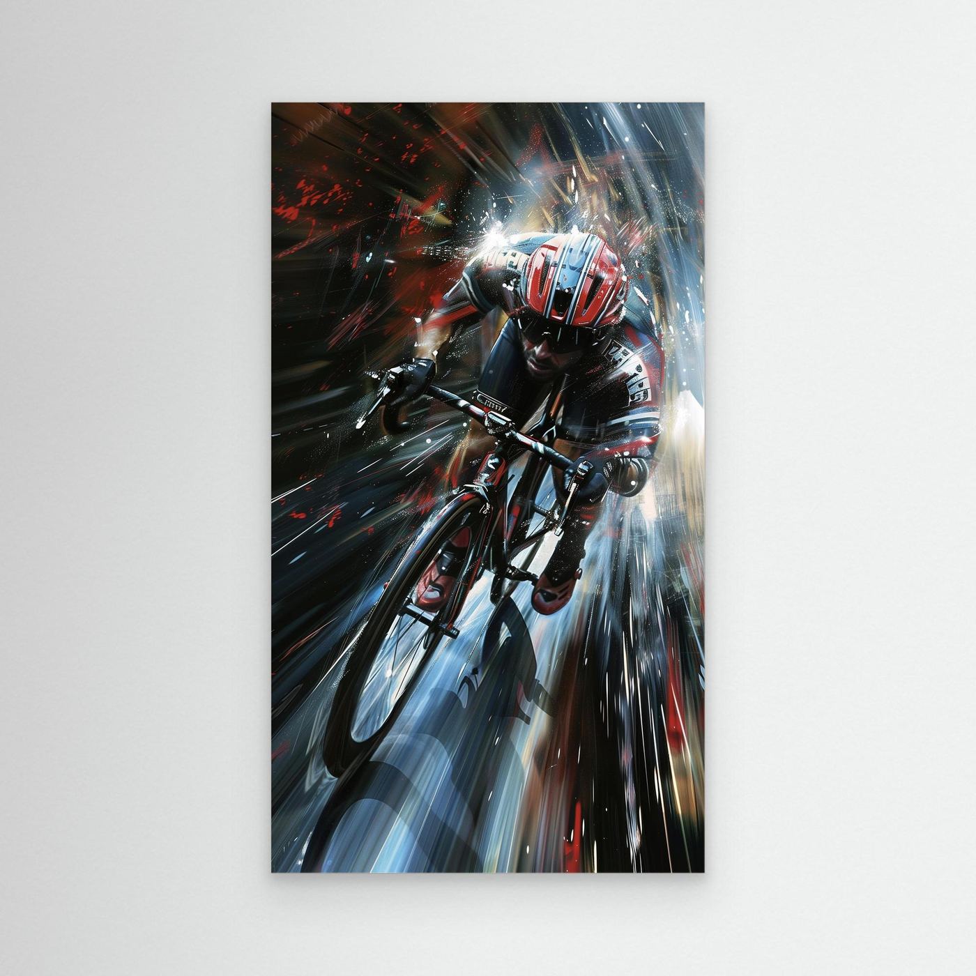 Modernes Rennrad Leinwandbild mit dynamischem Fahrer in hoher Geschwindigkeit und eindrucksvollen Licht- und Bewegungseffekten.