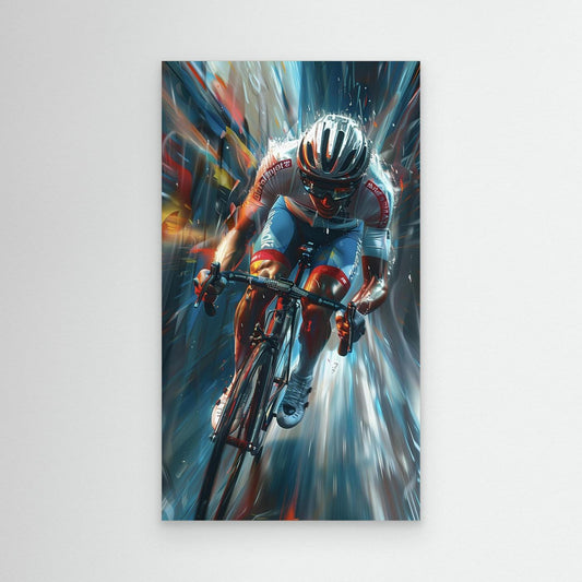 Ein kraftvolles Leinwandbild zeigt einen Rennradfahrer in explosiver Sprintposition. Dynamische Bewegungsunschärfen, leuchtende Farbverläufe und moderne Lichtakzente vermitteln Geschwindigkeit, Fokus und pure Energie.