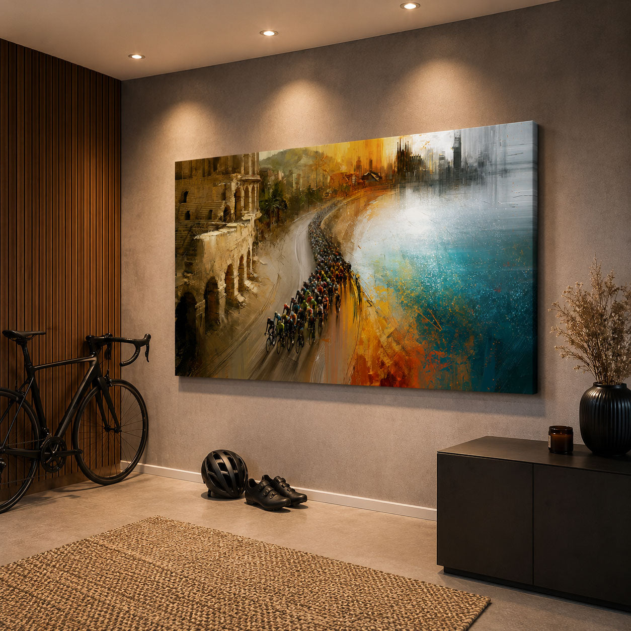 Rennrad Peloton am Meer als mediterranes Leinwandbild mit Küstenstraße, Stadt, Wasser und warmem Abendlicht