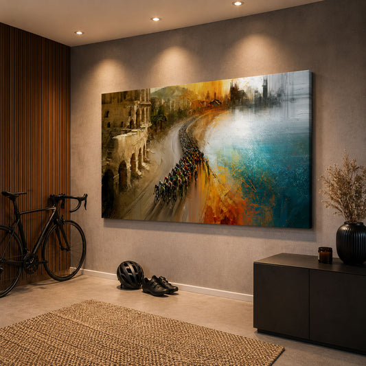 Rennrad Peloton am Meer als mediterranes Leinwandbild mit Küstenstraße, Stadt, Wasser und warmem Abendlicht