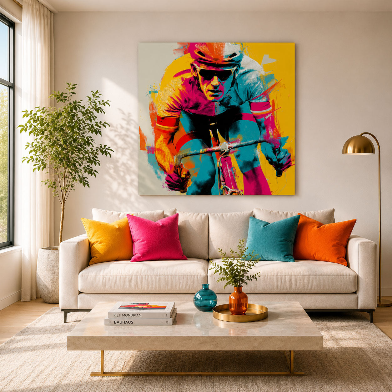 Rennradfahrer im Sprint als farbenfrohes Pop-Art Leinwandbild in Pink, Türkis, Gelb und Orange