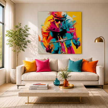 Rennradfahrer im Sprint als farbenfrohes Pop-Art Leinwandbild in Pink, Türkis, Gelb und Orange