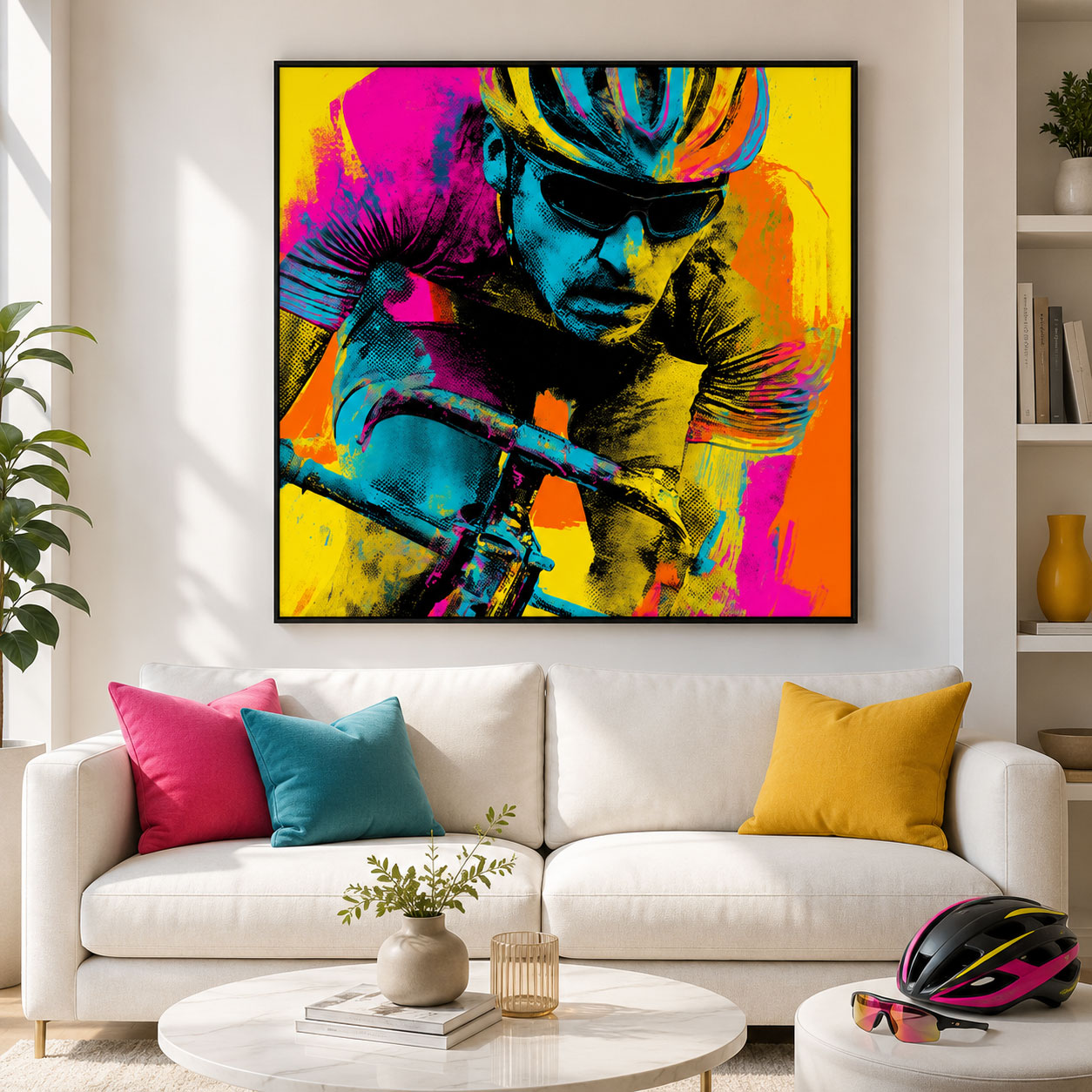 Entdecken Sie ein farbenstarkes Rennradfahrer Porträt im Pop-Art-Stil. Hochwertiges Cycling Leinwandbild für Rennradfahrer, Radsportfans und moderne Wohnräume.