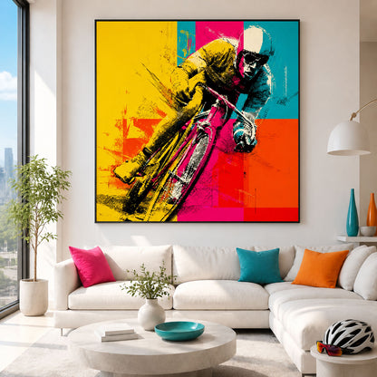 Dynamischer Rennradfahrer in Schräglage als farbenfrohes Pop-Art Leinwandbild. Moderne Radsportkunst mit Gelb, Pink, Türkis und Orange.