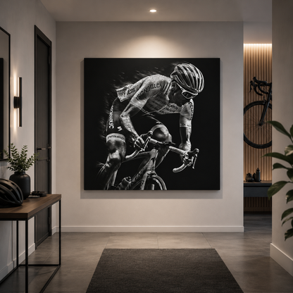 Edles Rennrad Leinwandbild in Schwarz-Weiß. Hochwertige Poly-Cotton Leinwand mit UV-beständigem Druck und 4 cm Holzrahmen. Moderne Rennradkunst für Radsportfans.