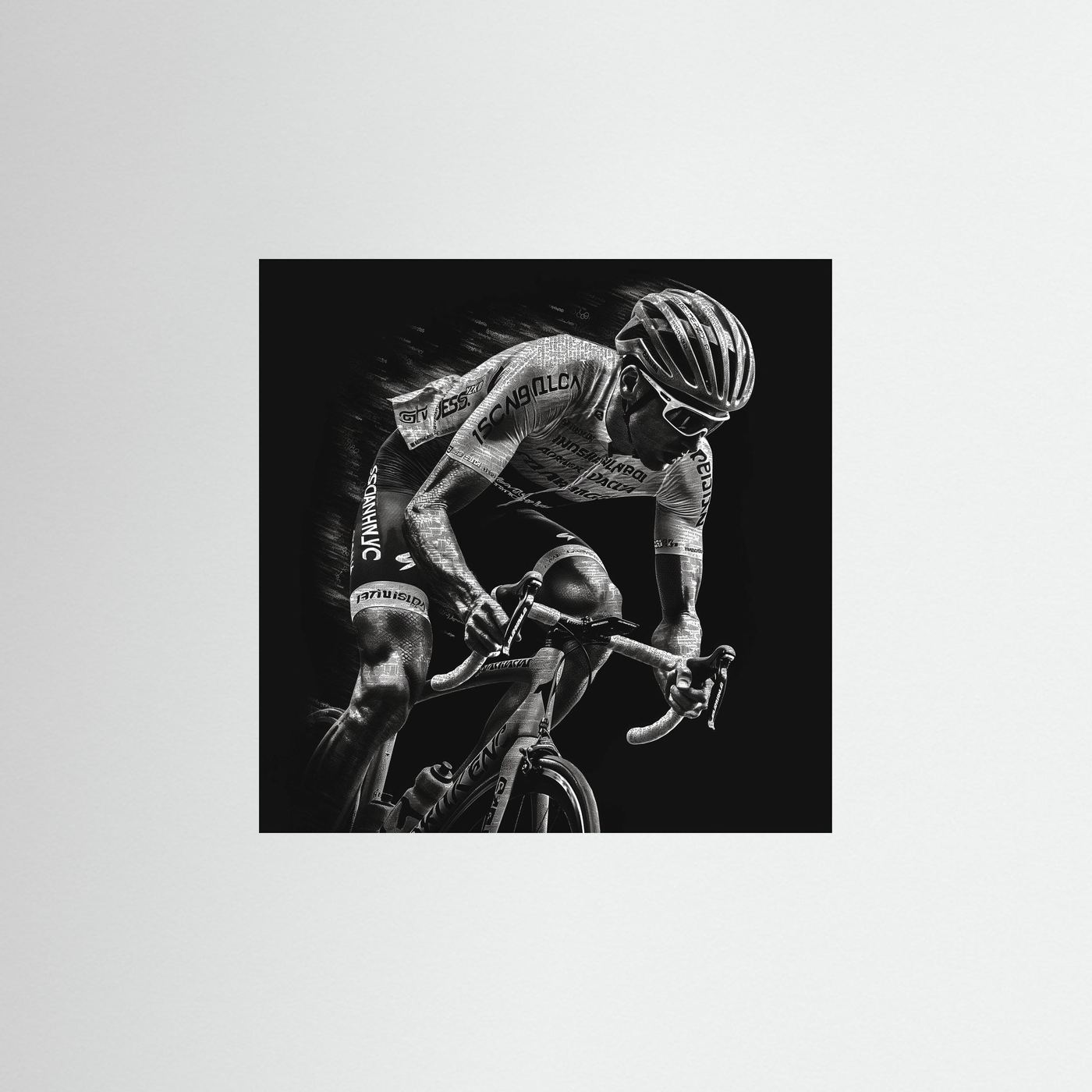 Minimalistische Rennradkunst in Schwarz-Weiß. Hochwertiger Fine-Art-Druck mit Rennradfahrer in Aeroposition für Wohnraum, Büro oder Trainingsraum.