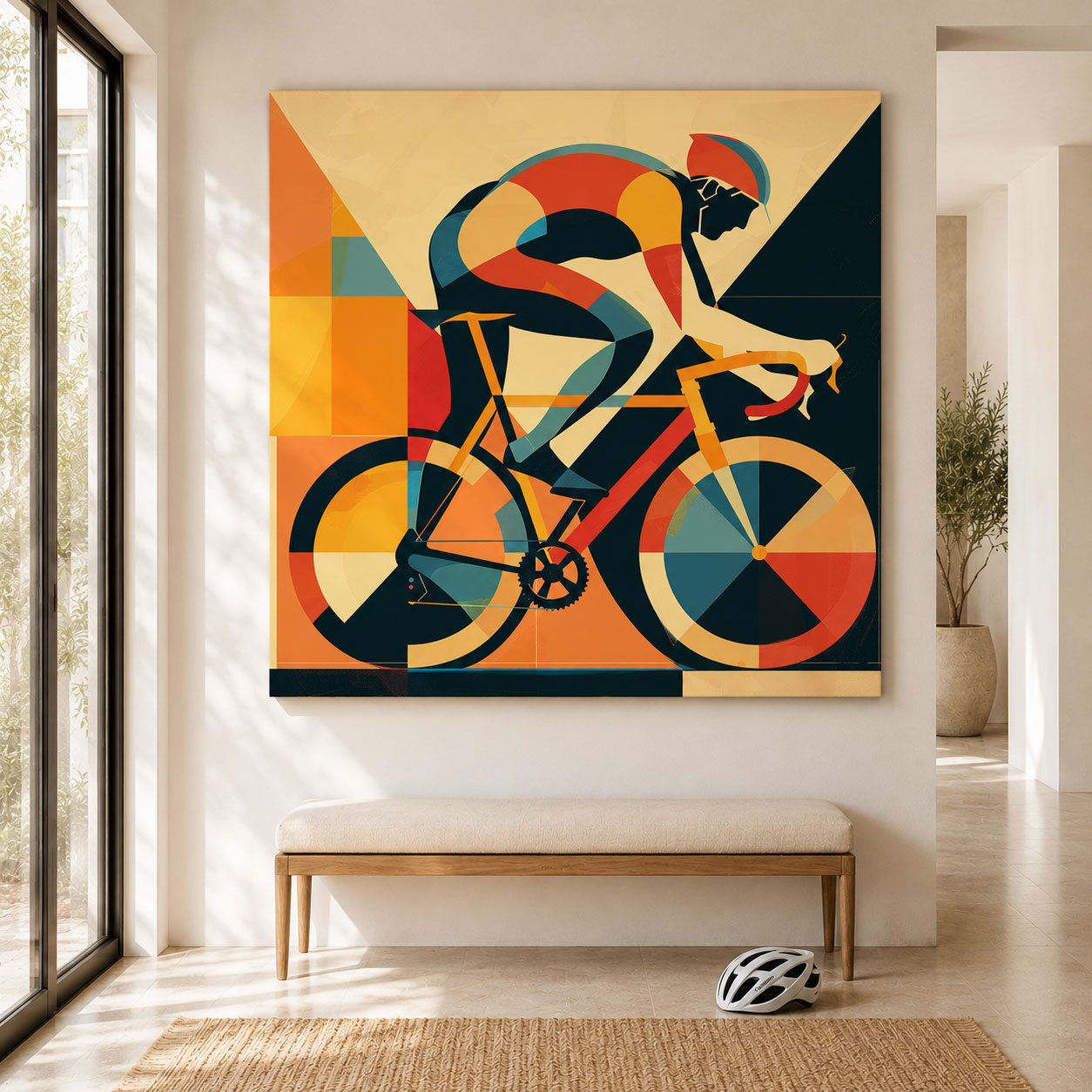 Modernes Rennrad Leinwandbild mit Solofahrer im Bauhaus-Stil. Geometrische Rennradkunst in kräftigen Farben, erhältlich bis 135 × 135 cm.