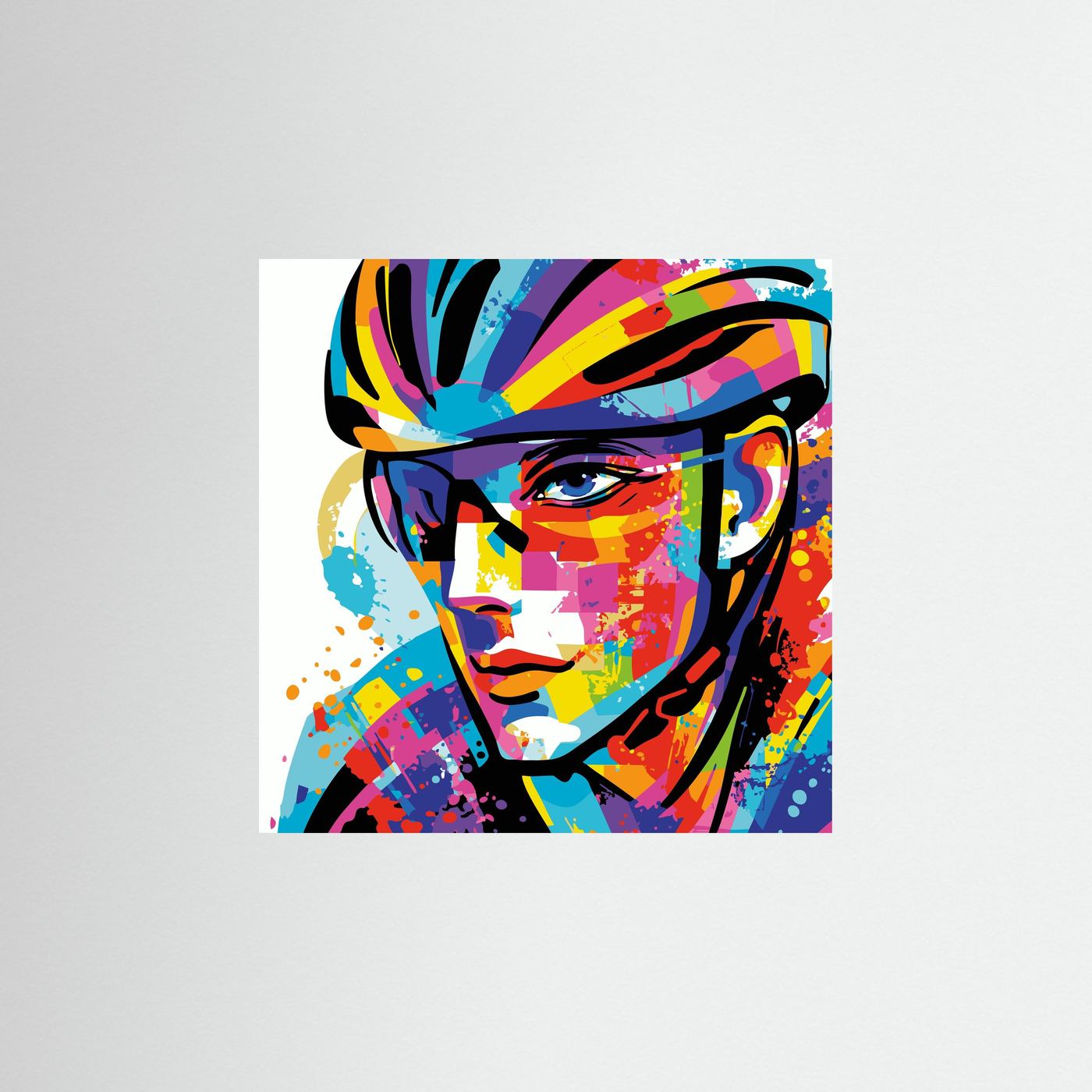 Pop-Art Portrait einer Rennradfahrerin mit Helm als moderne Rennradkunst für Frauen