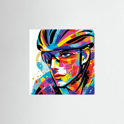 Pop-Art Portrait einer Rennradfahrerin mit Helm als moderne Rennradkunst für Frauen