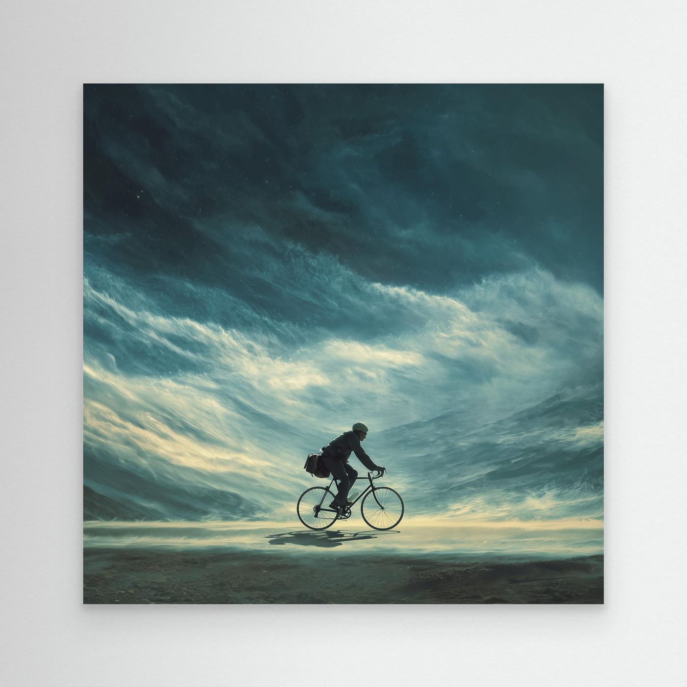 Surreales Rennrad Leinwandbild mit einsamem Fahrer vor weiter Landschaft. Premium-Leinwand mit 4 cm Rahmen, brillanten Farben und ruhiger Radsport-Atmosphäre.
