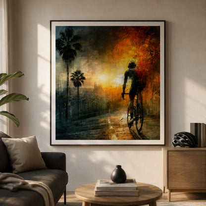 Modernes Rennrad-Kunstwerk mit einem einzelnen Fahrer auf dem Anstieg zum Montjuïc. Die mediterranen Farben, Palmen und die Skyline von Barcelona verleihen dem Motiv eine dynamische und emotionale Wirkung. Ideal als hochwertiges Wandbild für Rennradfans und Liebhaber stilvoller Radsportkunst.