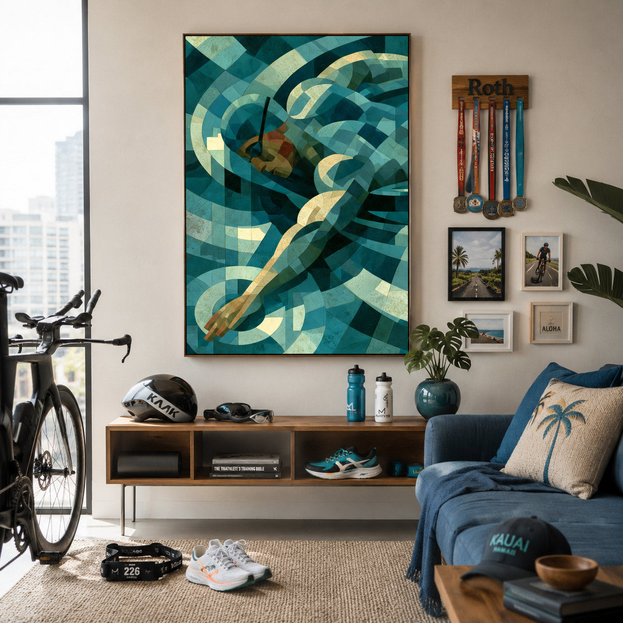 Triathlon Schwimmen Leinwandbild mit abstraktem Schwimmer in Türkis und Blau als moderne Sportkunst