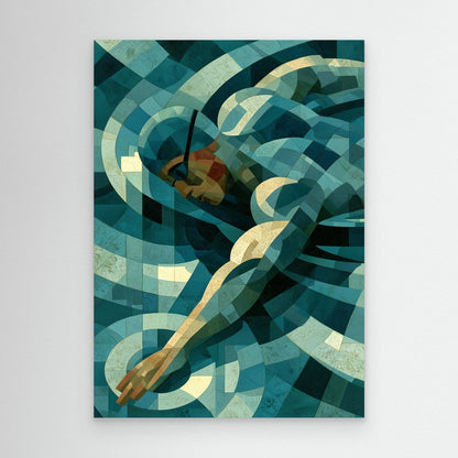 Triathlon Schwimmen Leinwandbild mit abstraktem Schwimmer in Türkis und Blau als moderne Sportkunst