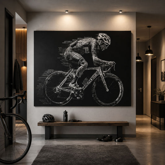 Schwarz-Weiß Rennrad Leinwandbild mit Rennradfahrer aus typografischen Schriftfragmenten