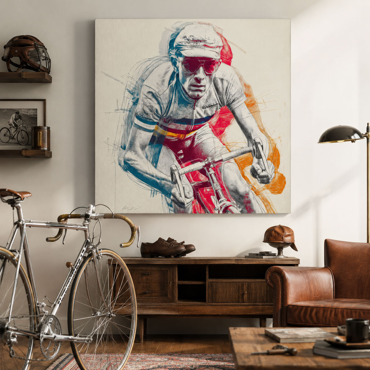 Vintage Rennradfahrer als Pop-Art Leinwandbild im künstlerischen Skizzenstil mit Farbakzenten in Blau, Pink, Orange und Gelb