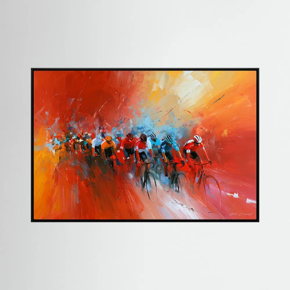 Vuelta a España inspiriertes Radsport Leinwandbild mit farbstarkem Peloton in Rot Orange Gelb und Blau