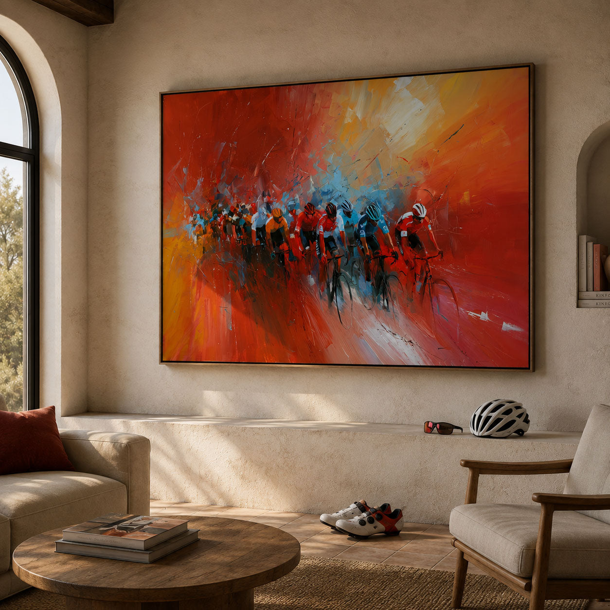 Vuelta a España inspiriertes Rennrad Leinwandbild mit farbstarkem Peloton in Rot Orange Gelb und Blau