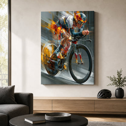 Zeitfahren Leinwandbild mit einem Zeitfahrer auf dem Zeitfahrrad in aerodynamischer Position, gestaltet in Orange, Petrol, Blau und Grau.