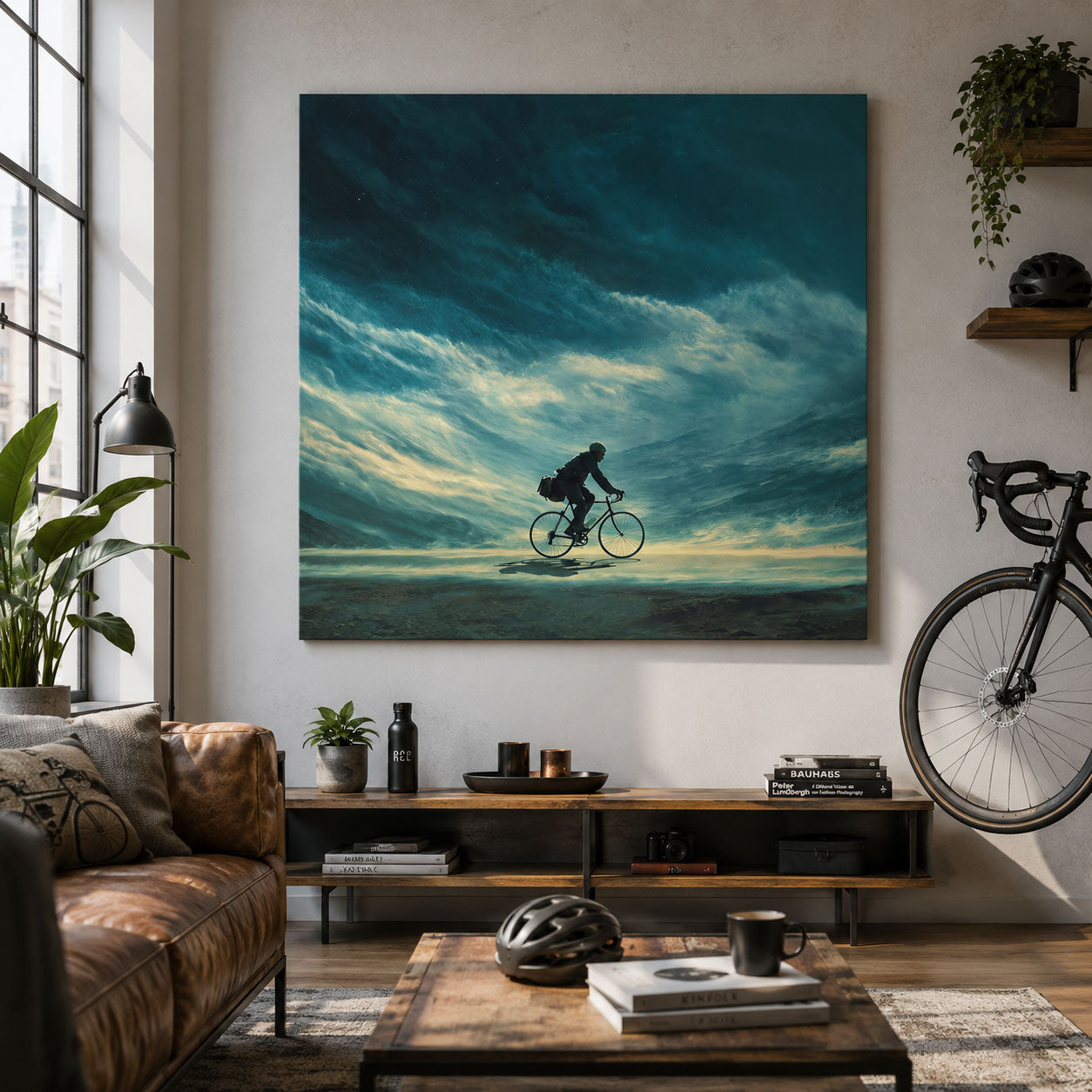 Zwischen Himmel und Horizont – Surreales Rennrad Leinwandbild voller Freiheit