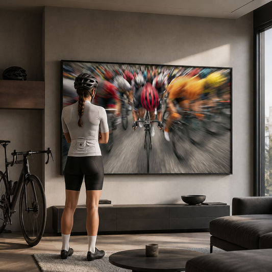 Heranrasendes Peloton mit Bewegungsunschärfe als dynamisches Rennrad Leinwandbild
