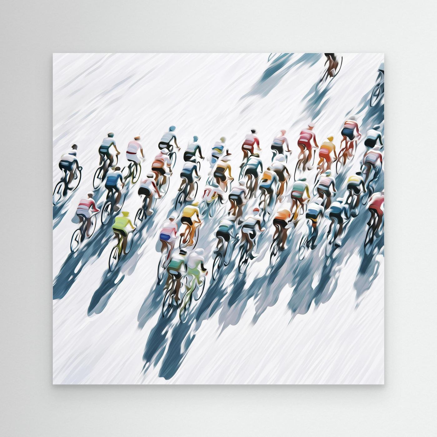 Quadratisches Rennrad Leinwandbild mit Peloton aus der Vogelperspektive. Moderne Radsportkunst auf Premium-Leinwand für echte Rennradfahrer.