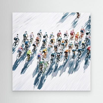 Quadratisches Rennrad Leinwandbild mit Peloton aus der Vogelperspektive. Moderne Radsportkunst auf Premium-Leinwand für echte Rennradfahrer.