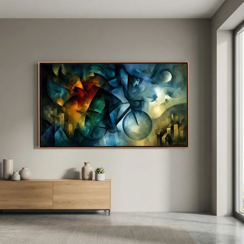Rennrad Kunst Leinwandbild – Poetische Moderne in Blau und Gold
