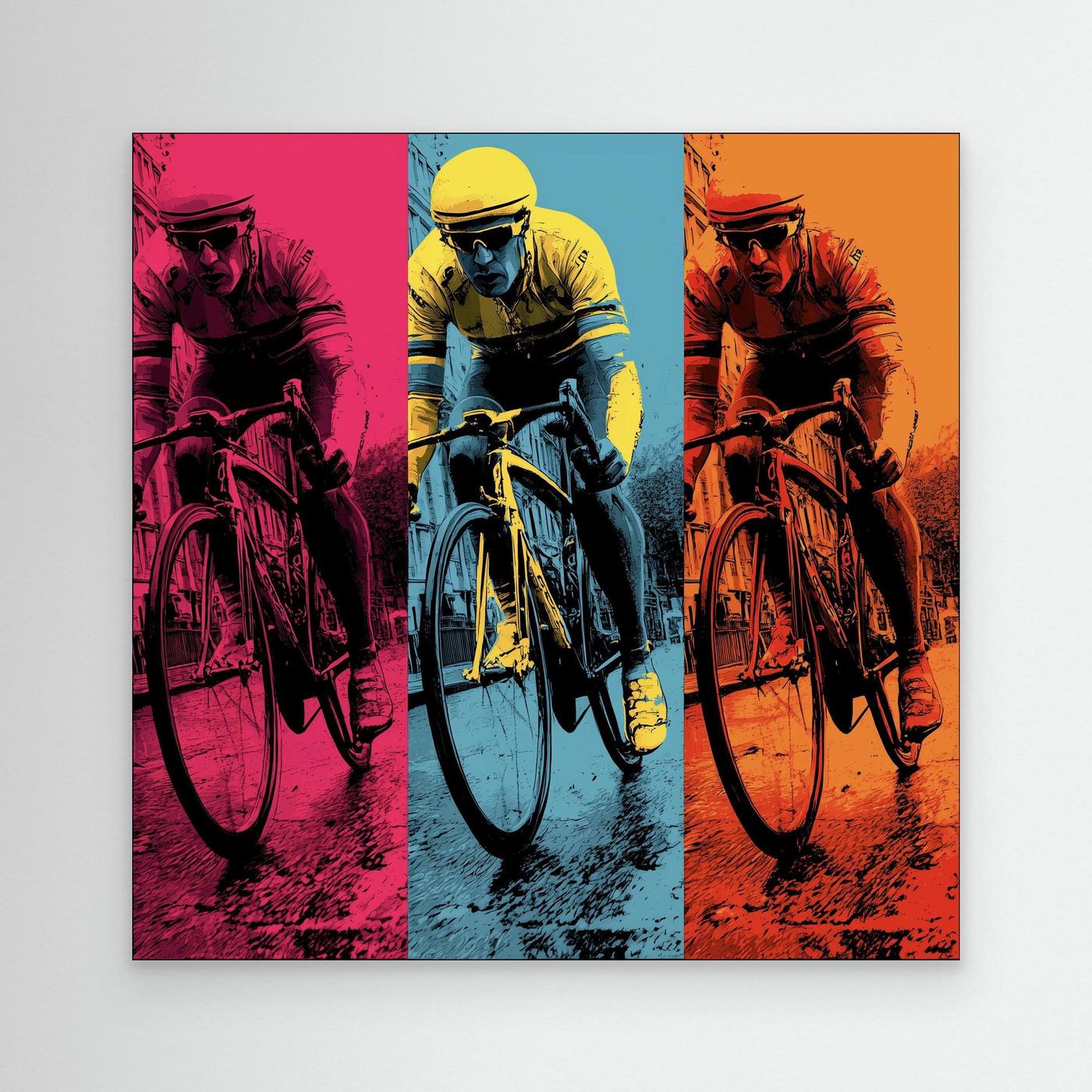 Pop-Art Rennradfahrer Trio – Radsport Leinwandbild in kräftigen Farben